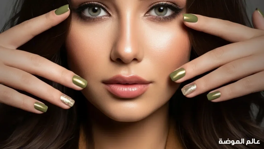طلاء أظافر أخضر زيتوني معدني مع لمعة ذهبية