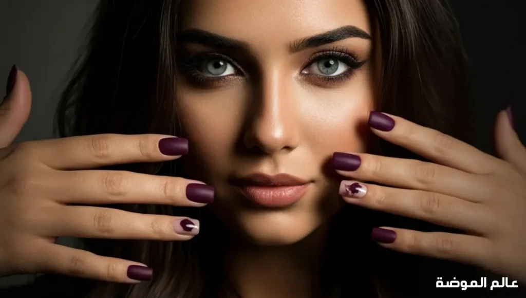 طلاء أظافر بنفسجي مخملي مع ظفر لامع