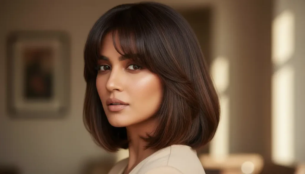 بوب متوسط مع غرة كثيفة لتوازن الوجه الطويل بصريًا