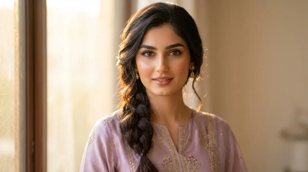 تسريحات شعر للعيد ضفيرة جانبية ناعمة للشعر المتوسط