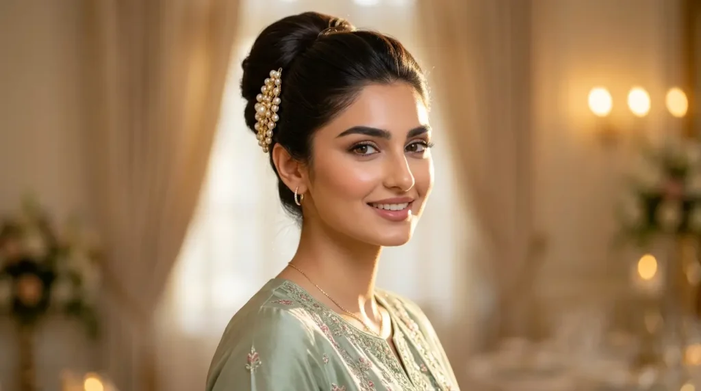 رفع الشعر بالكامل مع إكسسوار بارز لإطلالة أنيقة وعصرية