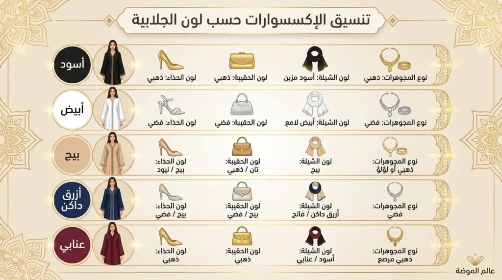 دليل سريع لتنسيق حذاء وحقيبة وشيلة مع الجلابية إنفوجرافيك تنسيق إكسسوارات الجلابيات حسب اللون