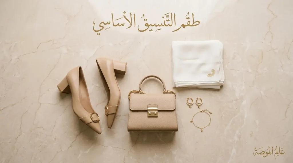 طقم التنسيق الأساسي الذي يناسب 80% من الجلابيات طقم تنسيق جلابيات من حذاء وحقيبة وشيلة